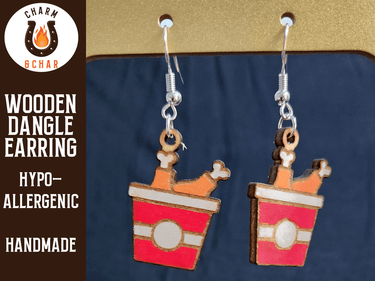 Bucket of Chicken Wood Dangle Earrings - Food Fashion Earring - Dangle Earring - Charm and Char